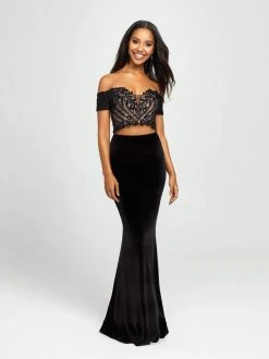 Madison James - 19-157 Embroidered Off Shoulder Velvet Gown Formal Gowns