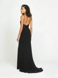Madison James - 19-183 Beaded Deep V-neck Jersey Trumpet Dress