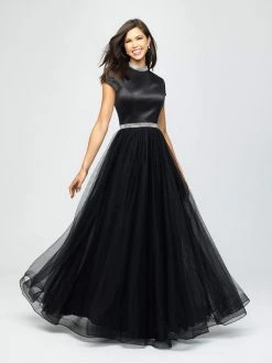 Madison James - 19-255M Satin High Neck Dotted Swiss Tulle Aline Dress Formal Gowns