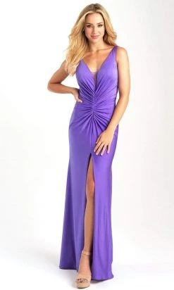 Madison James - 20-317 Ruched Plunging V-Neck Dress With Slit