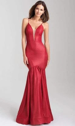 Madison James - 20-355 Deep V-neck Glitter Jersey Trumpet Dress Formal Gowns