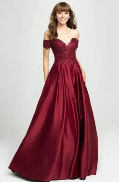 Madison James - Beaded Appliqued Off Shoulder Satin A-Line Gown 19-102 - 1 Pc White In Size 08 Available Formal Gowns