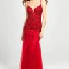 Madison James - Beaded Plunging Godet Trumpet Evening Dress 19-105 - 1 Pc Red In Size 4 Available