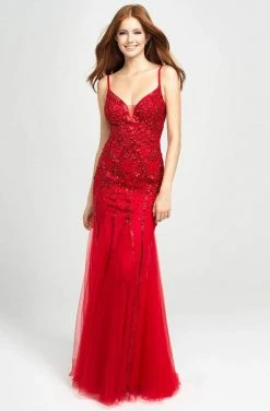 Madison James - Beaded Plunging Godet Trumpet Evening Dress 19-105 - 1 Pc Red In Size 4 Available