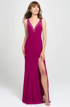 Madison James - Beaded Plunging V-Neck High Slit Gown 19-150 - 1 Pc Royal In Size 12 Available
