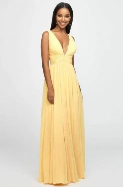 Madison James - Plunging Neck Empire Waist Chiffon A-Line Gown 19-193 - 1 Pc Yellow In Size 12 Available Formal Gowns