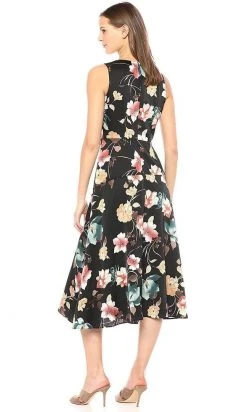 Cocktail Dresses Maggy London - G3784M Tea Length Floral Surplice Dress