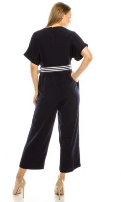 Maggy London - G4082M Short Sleeve Stripe Belted Capri Jumpsuit
