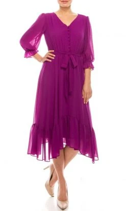 Maison Tara - 91084M V Neck Button Front Ruffle Trim A-Line Dress