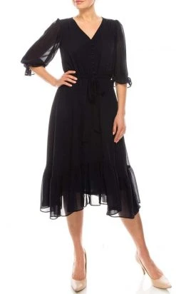 Maison Tara - 91084M V Neck Button Front Ruffle Trim A-Line Dress