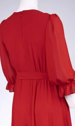 Maison Tara - 91084M V Neck Button Front Ruffle Trim A-Line Dress