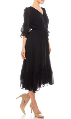 Maison Tara - 91084M V Neck Button Front Ruffle Trim A-Line Dress