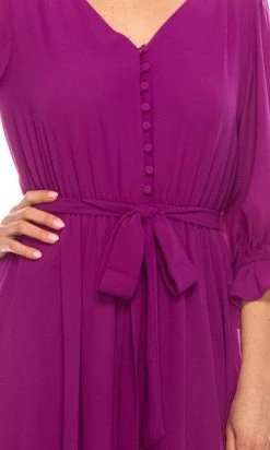 Maison Tara - 91084M V Neck Button Front Ruffle Trim A-Line Dress