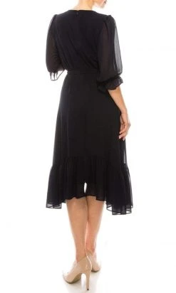 Maison Tara - 91084M V Neck Button Front Ruffle Trim A-Line Dress