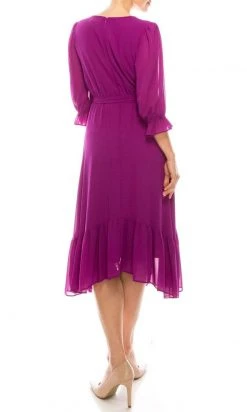 Maison Tara - 91084M V Neck Button Front Ruffle Trim A-Line Dress