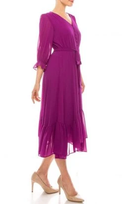 Maison Tara - 91084M V Neck Button Front Ruffle Trim A-Line Dress