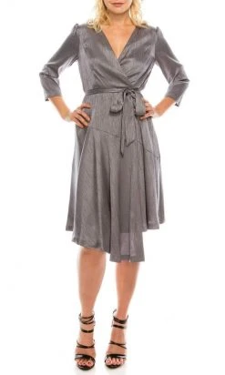 Maison Tara - 91143M Three Quarter Sleeve Twill Faux Wrap Dress Cocktail Dresses