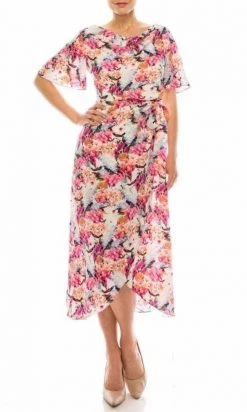 Maison Tara - 91283M Tea Length Flutter Sleeve Floral Dress Cocktail Dresses
