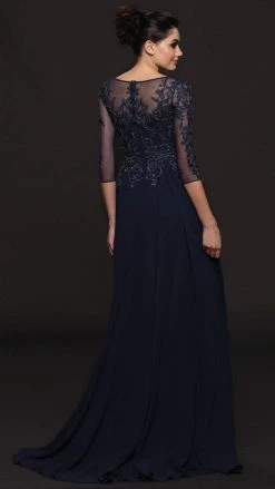 Marsoni By Colors - Illusion Bateau Adorned Quarter Sleeve Dress M214 - 1 Pc Eggplant In Size 14, 1 Pc Navy In Size 14 Available