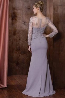 Formal Gowns Marsoni By Colors - Long Sleeve Bejeweled V-Neck Trumpet Dress M195 - 1 Pc Taupe In Size 22 Available