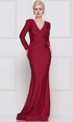 Marsoni By Colors - Long Sleeve V-neck Satin Trumpet Dress M257