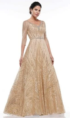 Formal Gowns Marsoni By Colors - MV1020 Sequined Quarter Length Sleeve A-line Gown