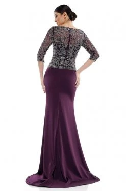 Formal Gowns Marsoni By Colors - Quarter Sleeve Bead Embellished Dress MV1026 - 1 Pc Eggplant In Size 14 Available