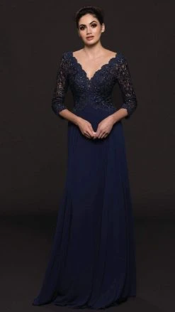 Formal Gowns Marsoni By Colors - Quarter Sleeve Scalloped Lace Gown M225 - 1 Pc Wine In Size 4 Available