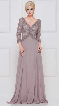 Formal Gowns Marsoni By Colors - Quarter Sleeve Scalloped Lace Gown M225 - 1 Pc Wine In Size 4 Available