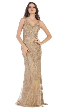 Formal Gowns May Queen - Applique V-neck Trumpet Evening Gown RQ7662 - 1 Pc Gold In Size 8 Available