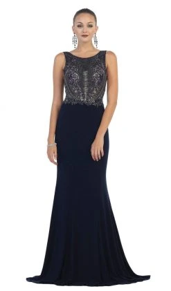 May Queen - Bateau Neck Beaded Jersey Evening Gown Formal Gowns