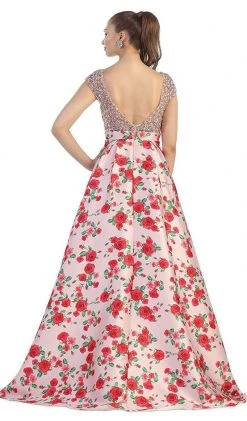 Formal Gowns May Queen - Beaded Cap Sleeve And Floral A-line Evening Dress