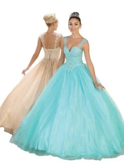 May Queen - Beaded Lace Plunging Sweetheart Quinceanera Ballgown Formal Gowns