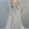 May Queen - Beaded V-Neck Overskirt Prom Gown RQ7833 - 1 Pc Silver In Size 6 Available Formal Gowns