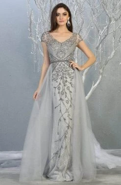 May Queen - Beaded V-Neck Overskirt Prom Gown RQ7833 - 1 Pc Silver In Size 6 Available Formal Gowns