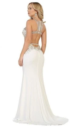 May Queen - Bejeweled Illusion Halter Sheath Evening Dress Formal Gowns