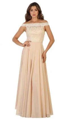 May Queen Bridal - MQ1514 Lace Overlaid Off-Shoulder A-Line Bridal Gown