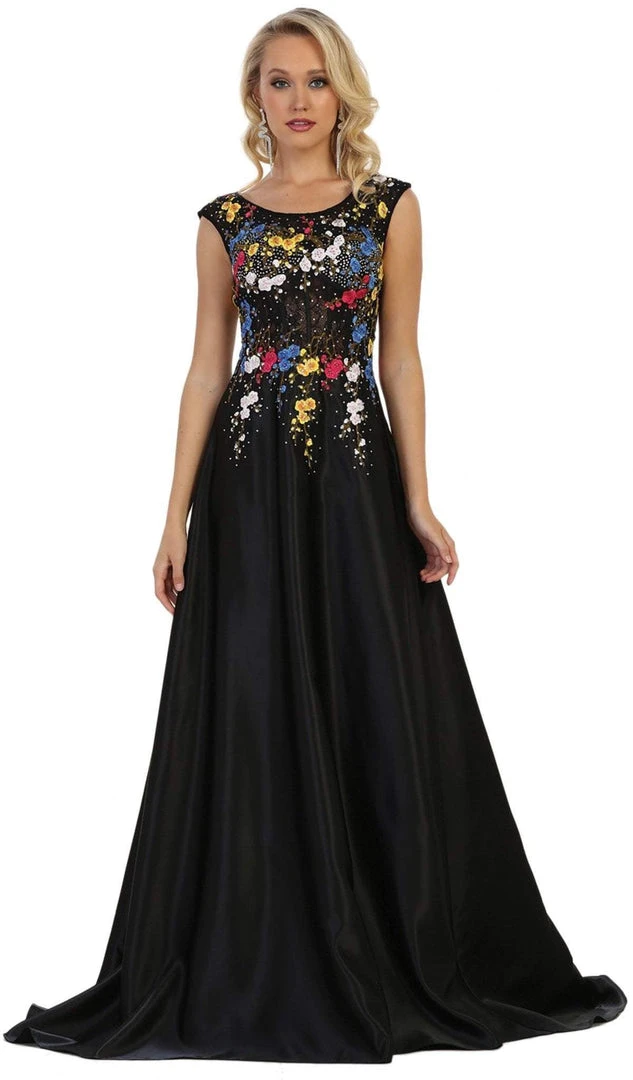 May Queen - Cap Sleeves Floral Appliqued A-line Evening Gown 3 May Queen - Cap Sleeves Floral Appliqued A-line Evening Gown