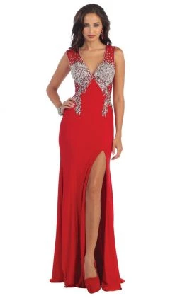 Formal Gowns May Queen - Deep V-Neck Bejeweled Fitted Evening Gown