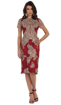 Cocktail Dresses May Queen - Embroidered Short Sleeve Column Formal Dress