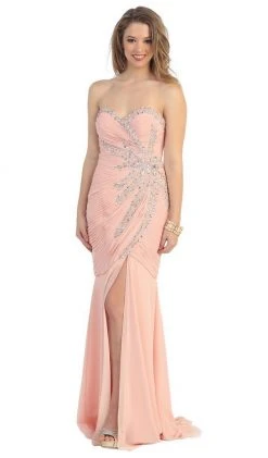 May Queen - Fashionable Embellished Strapless Ruched Bodice Long Dress