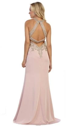 Formal Gowns May Queen - Gilded Halter Neck Trumpet Dress MQ1538 - 1 Pc Blush In Size 2 Available