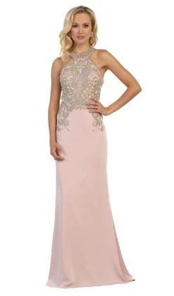 Formal Gowns May Queen - Gilded Halter Neck Trumpet Dress MQ1538 - 1 Pc Blush In Size 2 Available