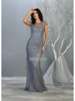 Formal Gowns May Queen - Illusion Jewel Sheath Evening Dress MQ1722 - 1 Pc Dusty Blue In Size 16 Available