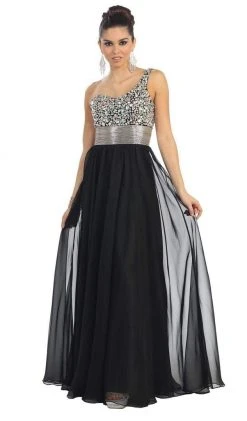 Formal Gowns May Queen - Jewel Embellished Asymmetrical Neck Chiffon Prom Dress
