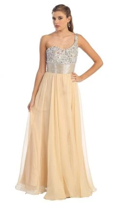 Formal Gowns May Queen - Jewel Embellished Asymmetrical Neck Chiffon Prom Dress