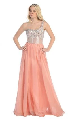 Formal Gowns May Queen - Jewel Embellished Asymmetrical Neck Chiffon Prom Dress