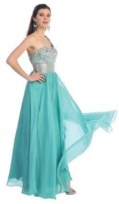Formal Gowns May Queen - Jewel Embellished Asymmetrical Neck Chiffon Prom Dress