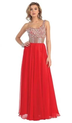 Formal Gowns May Queen - Jewel Embellished Asymmetrical Neck Chiffon Prom Dress