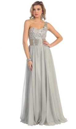 Formal Gowns May Queen - Jewel Embellished Asymmetrical Neck Chiffon Prom Dress